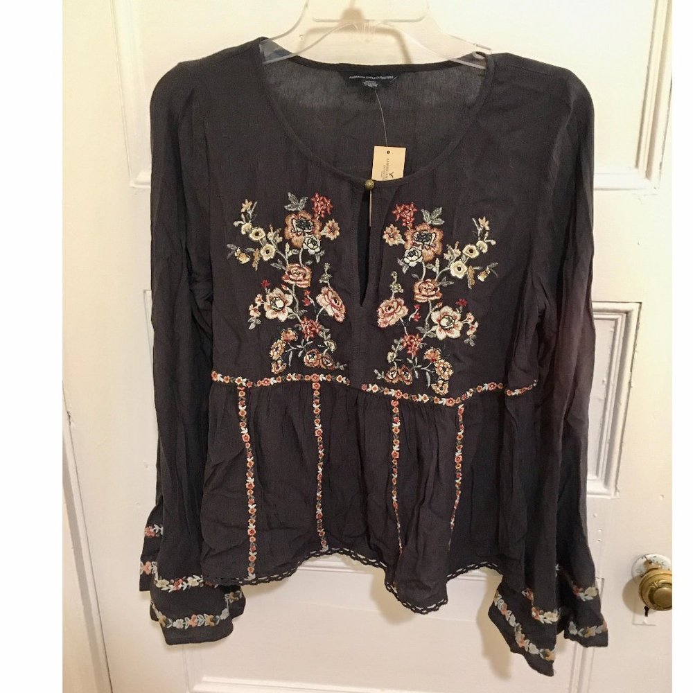 Long Sleeve Blue-Gray floral Blouse